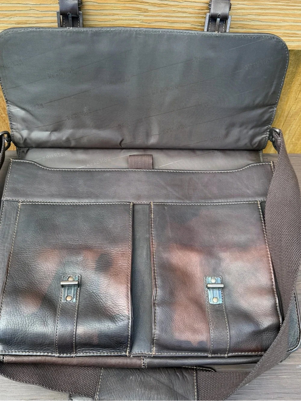 Kenneth Cole Reaction Dark Brown Leather Messenger Bag with Adjustable Strap